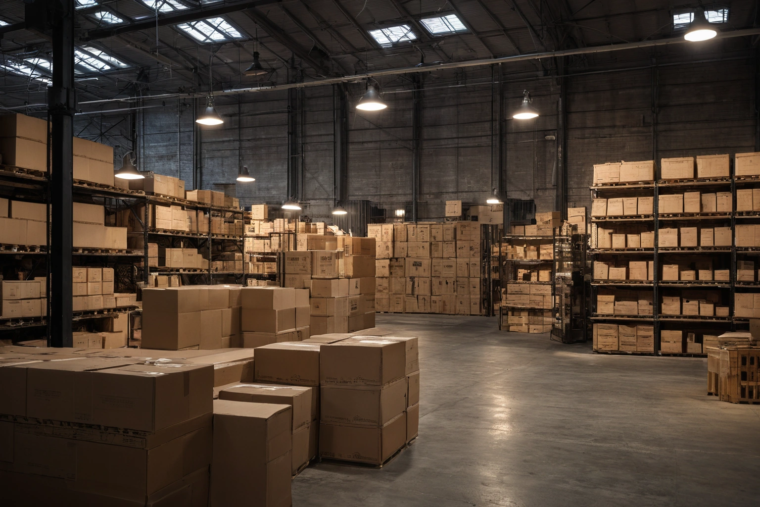 Warehouse shelves with boxed furniture and lighting items under inspection