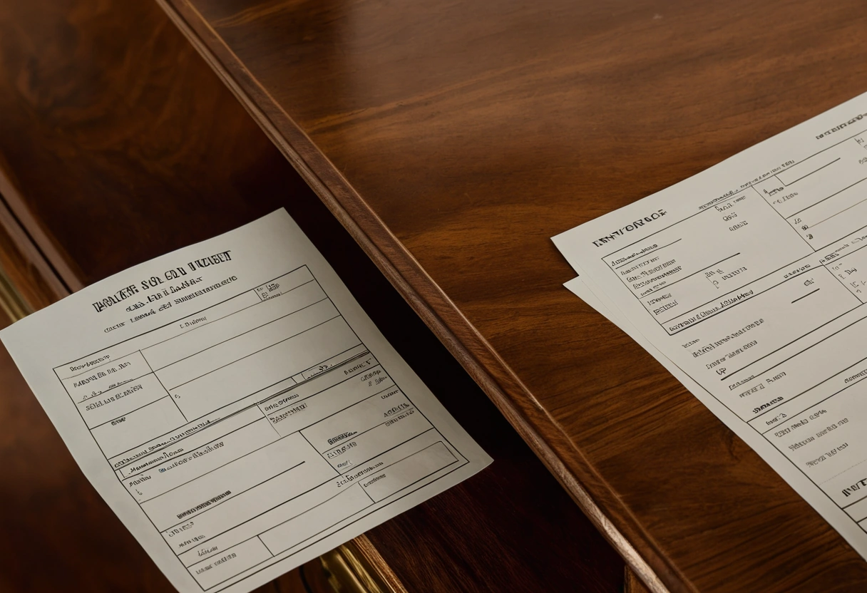 Close-up of a furniture label and invoice papers on a walnut cabinet