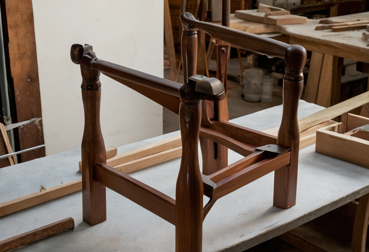 Classic chair frame under construction in an Italian workshop with clamps and tools
