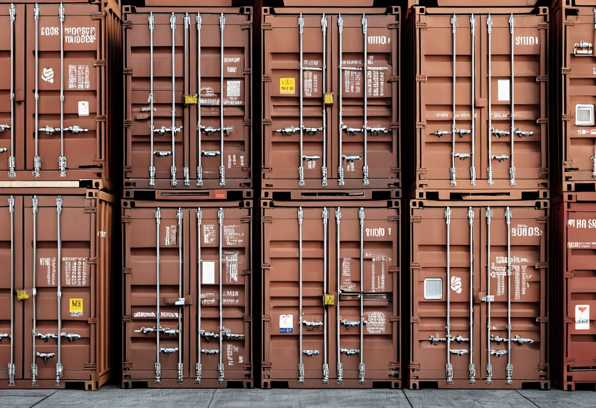 Stacked shipping crates and container doors in a warehouse